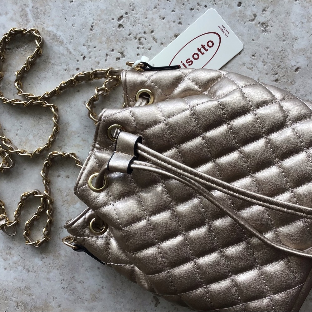 Risotto small gold crossbody with 23” chain style shoulder length strap
